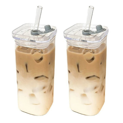 Square Coffee Glass Cup, Heat Resistant Mug, Transparent Milk Tea Juice Cup, With Lid and Straw, Home Bar Drink ware