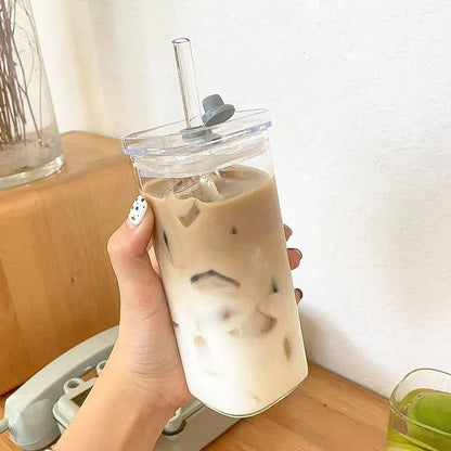 Square Coffee Glass Cup, Heat Resistant Mug, Transparent Milk Tea Juice Cup, With Lid and Straw, Home Bar Drink ware