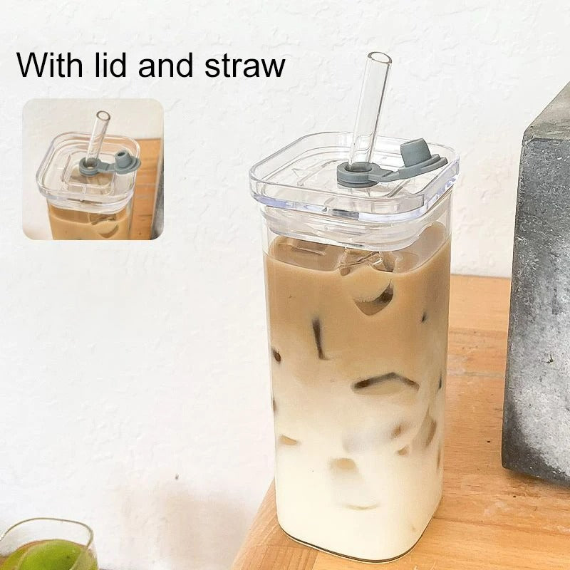 Square Coffee Glass Cup, Heat Resistant Mug, Transparent Milk Tea Juice Cup, With Lid and Straw, Home Bar Drink ware