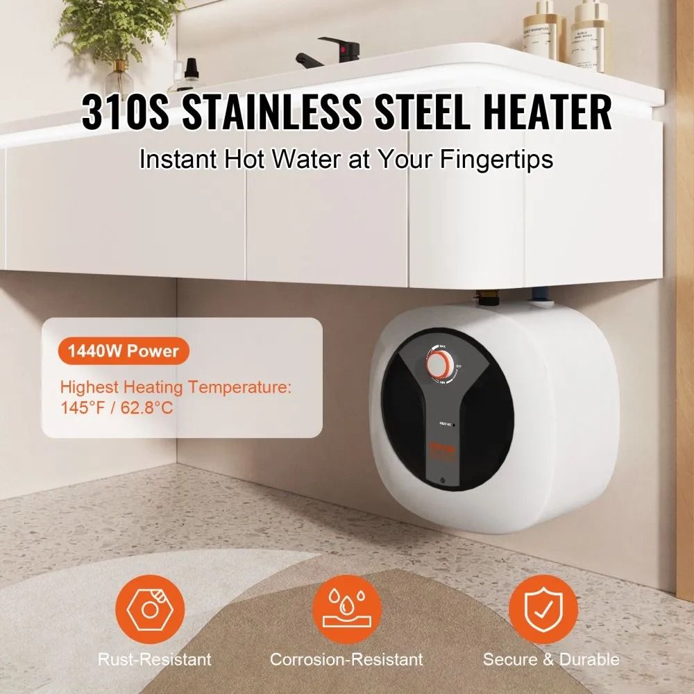 Electric MiniTank Water Heater Tank Hot Water Boiler Safety Temperature Pressure Valve Easy Install 3