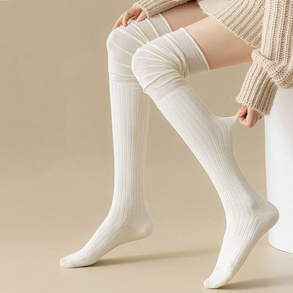 Knee High Socks For Women Thin Long Stacked Socks High Elasticity Stockings Solid Colour Patchwork