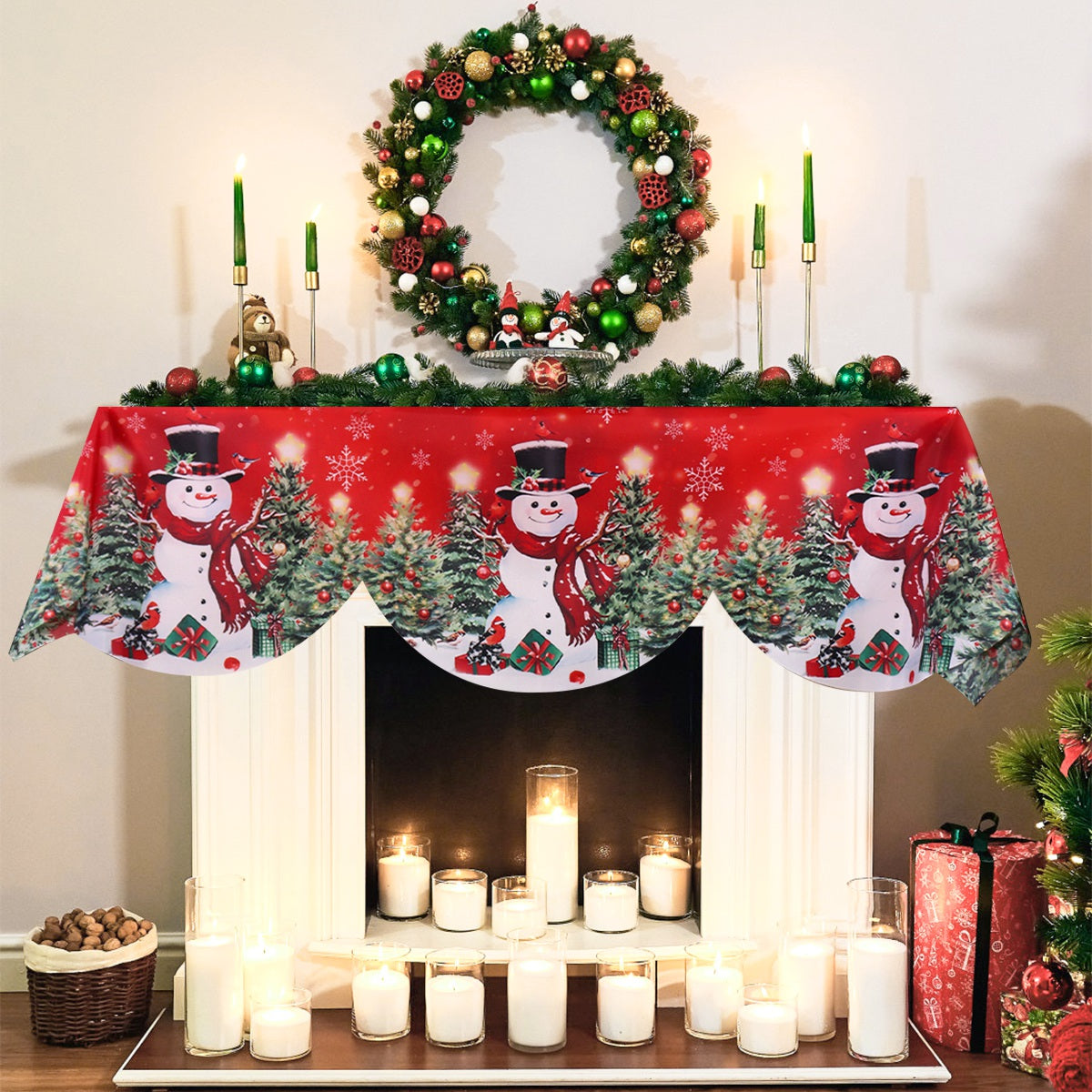 Red Christmas Fireplace Mantel Scarf, Table Cover Xmas Ornaments, Snowman Navidad Natal New Year Gifts for Home
