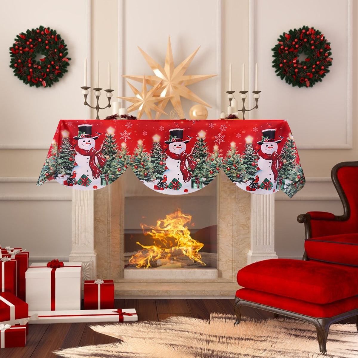 Red Christmas Fireplace Mantel Scarf, Table Cover Xmas Ornaments, Snowman Navidad Natal New Year Gifts for Home