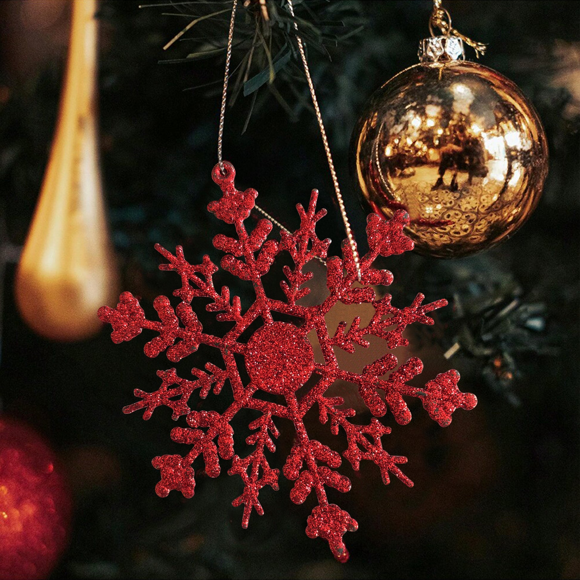 Gold Bling Snowflake, Red Christmas Tree Hanging Snowflakes, DIY Gifts Wrapping Xmas Tree Decoration