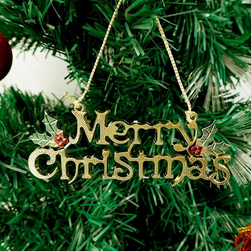 Red Berry Green Leaves Letter Tag Golden Merry Christmas English Letter Sign Ideal Christmas Party  2