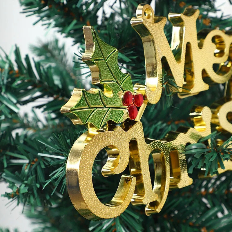 Red Berry Green Leaves Letter Tag Golden Merry Christmas English Letter Sign Ideal Christmas Party  4