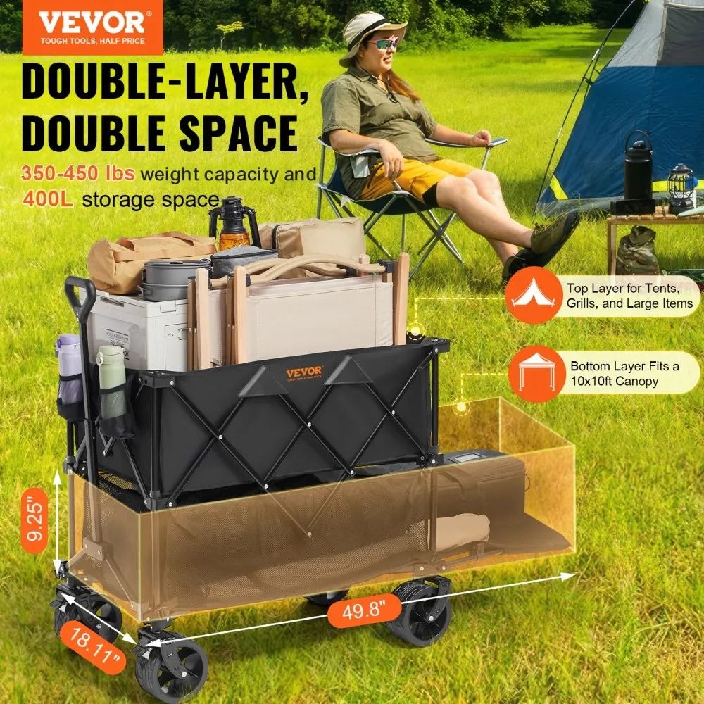 Heavy Duty Folding Wagon Cart Foldable Double Decker Wagon With All Terrain Wheels Collapsible Wago 3