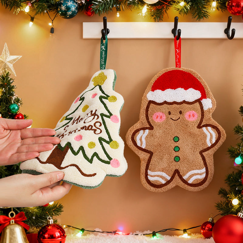 Coral Fleece Christmas Hand Towels, Gingerbread Man, Snowman, Tree Design, Cartoon Style, Home Kitchen Bathroom Decor