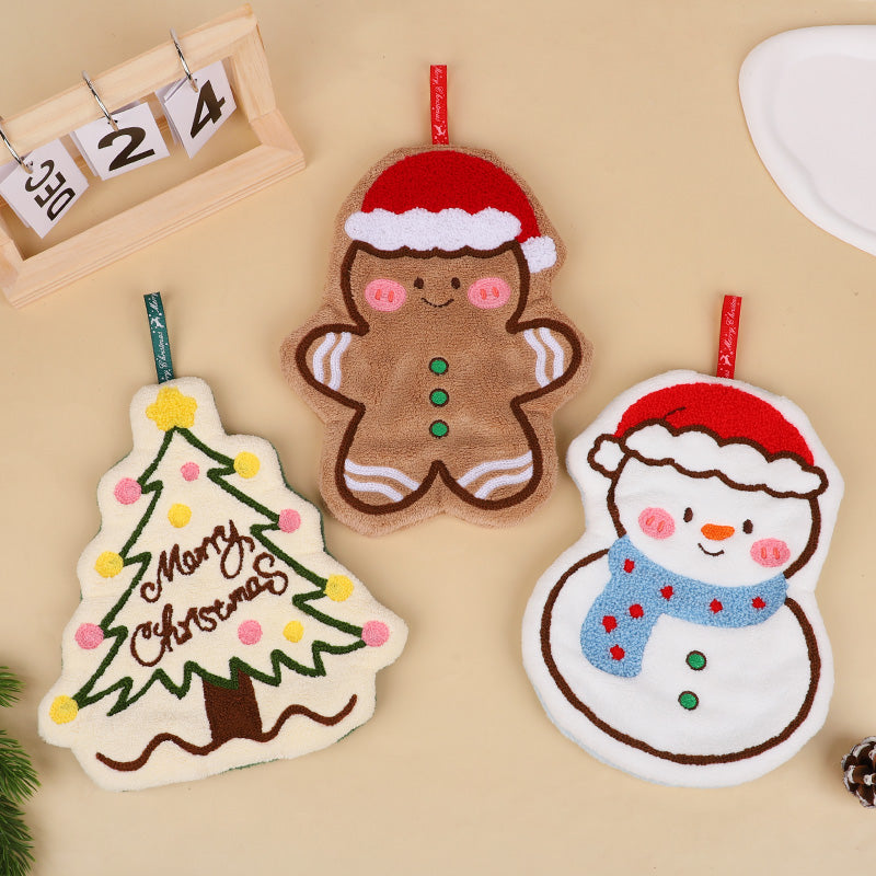 Coral Fleece Christmas Hand Towels Gingerbread Man Snowman Tree Design Cartoon Style Home Kitchen B 2