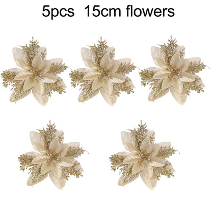 Christmas Tree Ornaments, Red Golden Silver Poinsettia Artificial Flowers, Xmas New Year Party Decoration
