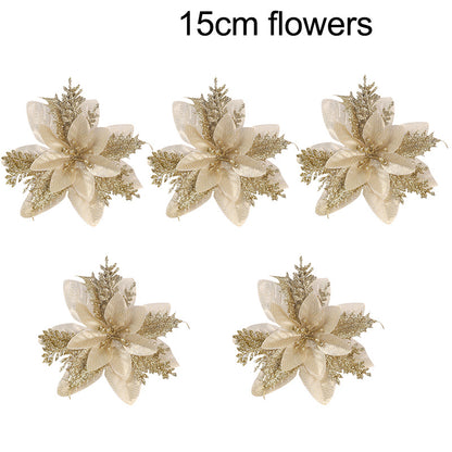 Christmas Tree Ornaments, Red Golden Silver Poinsettia Artificial Flowers, Xmas New Year Party Decoration
