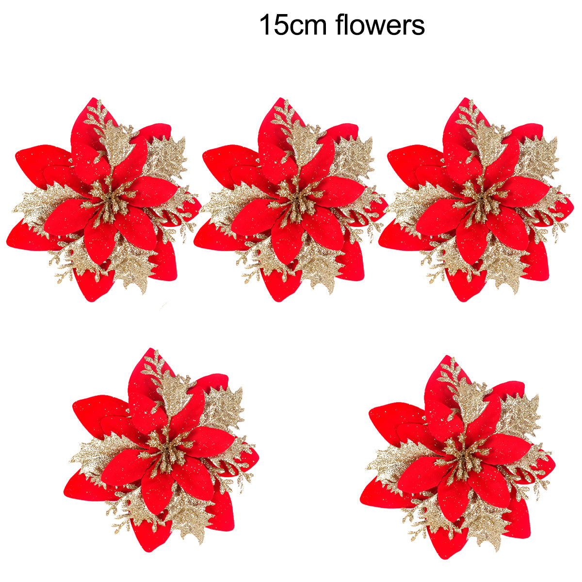 Christmas Tree Ornaments, Red Golden Silver Poinsettia Artificial Flowers, Xmas New Year Party Decoration