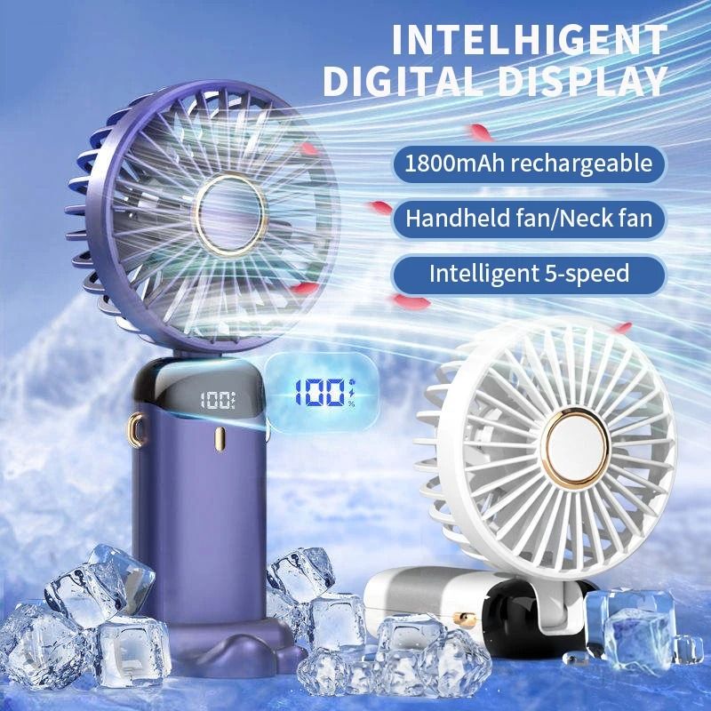 Handheld Mini Foldable Neck Hanging Fan with LED Display and Phone Stand