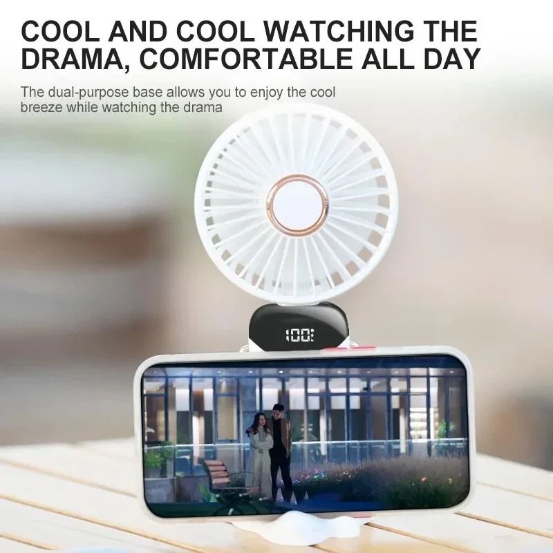 Handheld Mini Foldable Neck Hanging Fan With LED Display And Phone Stand 2