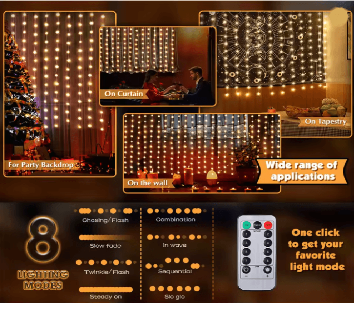 LumiGlow LED Fairy Curtain String Lights With Remote Control 3