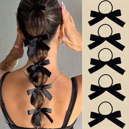 Elegant Black Bow Hair Tie Set – 5-Piece Fashion Accessories for Women