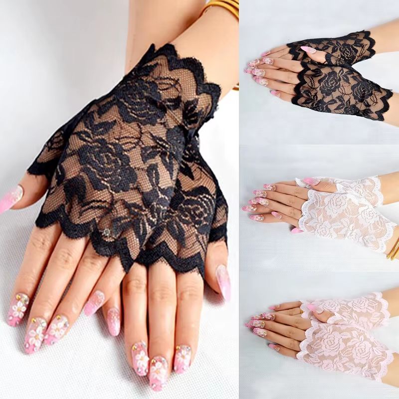 Elegance Lace Fingerless Gloves – Bridal & Party Women's Dressy Lace Mittens in Black White Pink