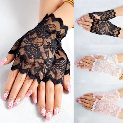 Elegance Lace Fingerless Gloves – Bridal & Party Women's Dressy Lace Mittens in Black White Pink