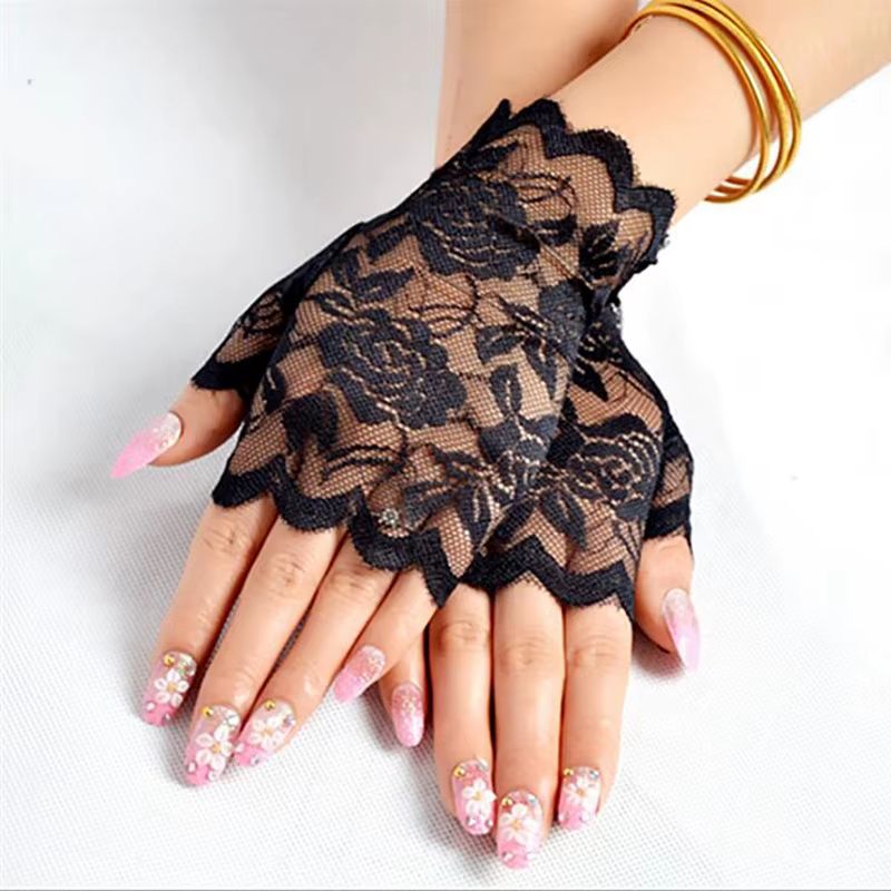 Elegance Lace Fingerless Gloves  Bridal  Party Womens Dressy Lace Mittens In Black White Pink 1