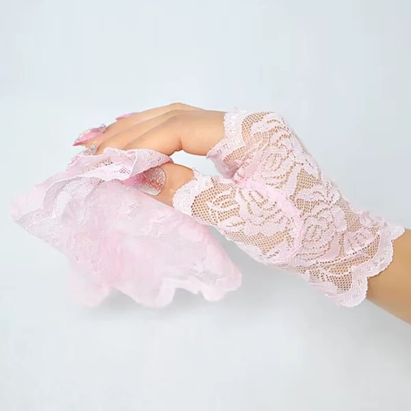 Elegance Lace Fingerless Gloves  Bridal  Party Womens Dressy Lace Mittens In Black White Pink 3
