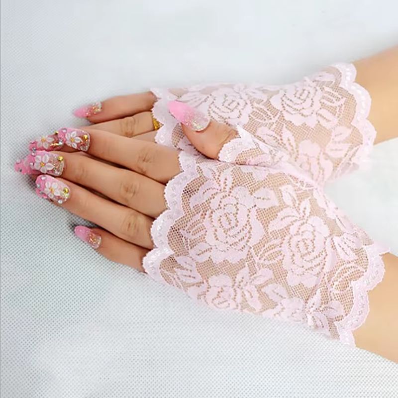 Elegance Lace Fingerless Gloves  Bridal  Party Womens Dressy Lace Mittens In Black White Pink 8
