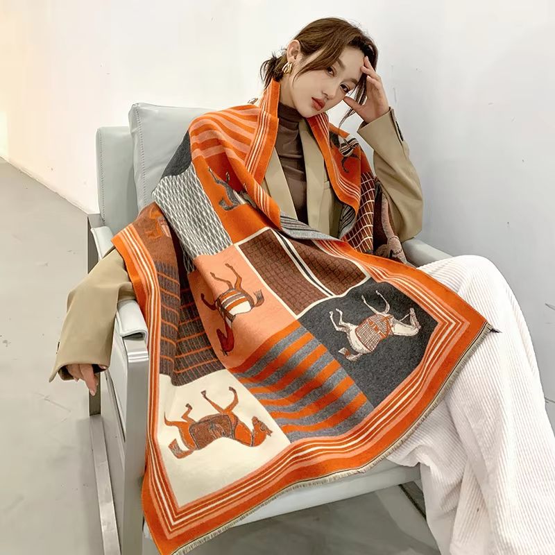 Equestrian Luxe Cashmere-Look Scarf – Horse Print Women's Thick Winter Shawl Wrap