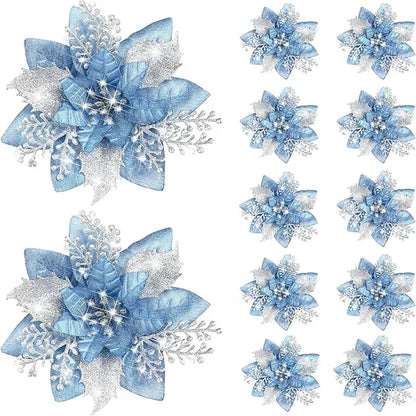 Glitter Pink Christmas Flowers Set of , Artificial Tree Ornaments, Merry Christmas and New Year Decorations for Home