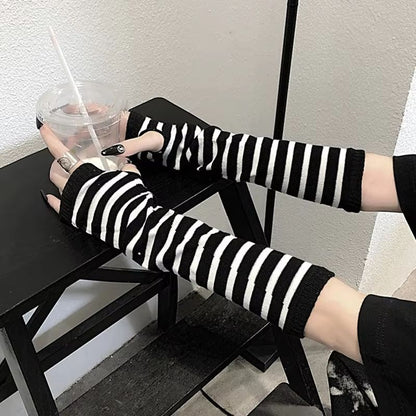 StreetTune Stripe Fingerless Arm Warmers – Knitted Elbow Mittens for Men & Women
