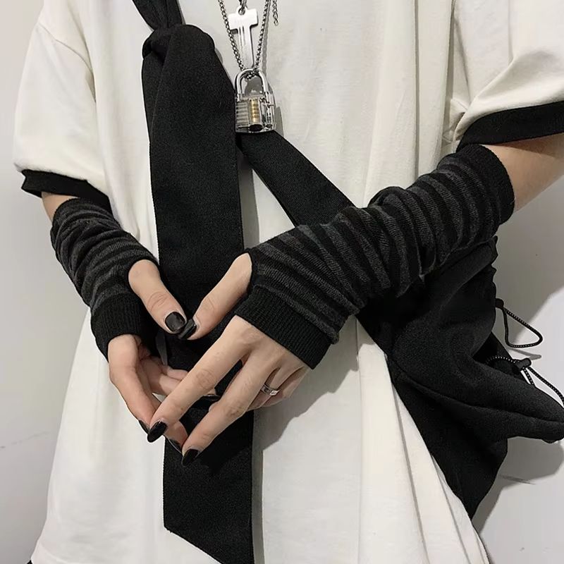 StreetTune Stripe Fingerless Arm Warmers  Knitted Elbow Mittens For Men  Women 2