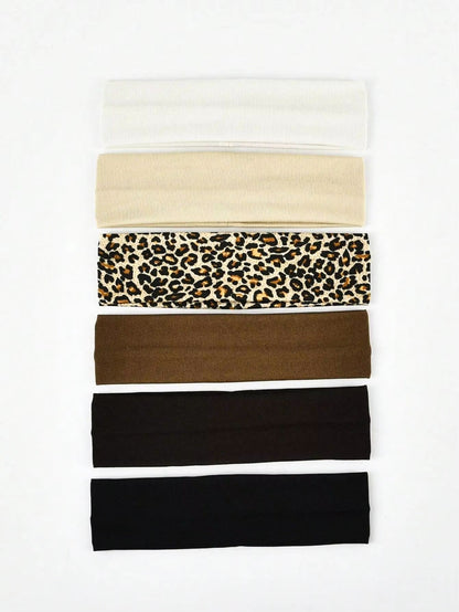 FlexFit LeopardPrint  Solid Headband Set  6Piece SweatAbsorbing Headbands For Unisex Sports  Leisur 6