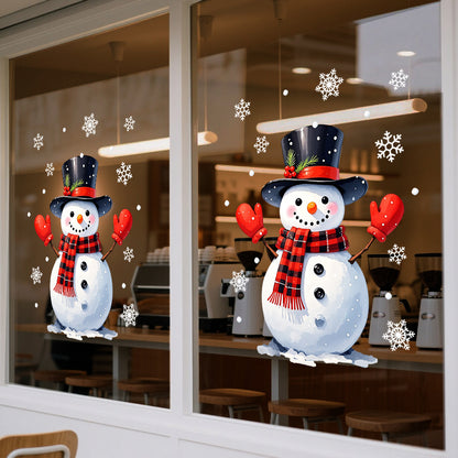 Static Cling Sticker, Christmas Window Sticker, Glass Sticker with Snowman, White Snowflakes, Christmas Hats, Holiday