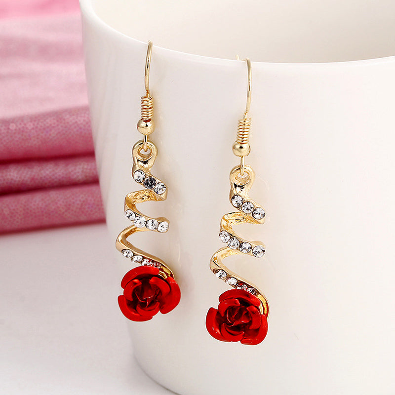 Red Rose Drop Earrings, New Fashion Jewelry, Women Vintage Rhinestone, Dangle Flowers Earring, Engagement Party Jewelry