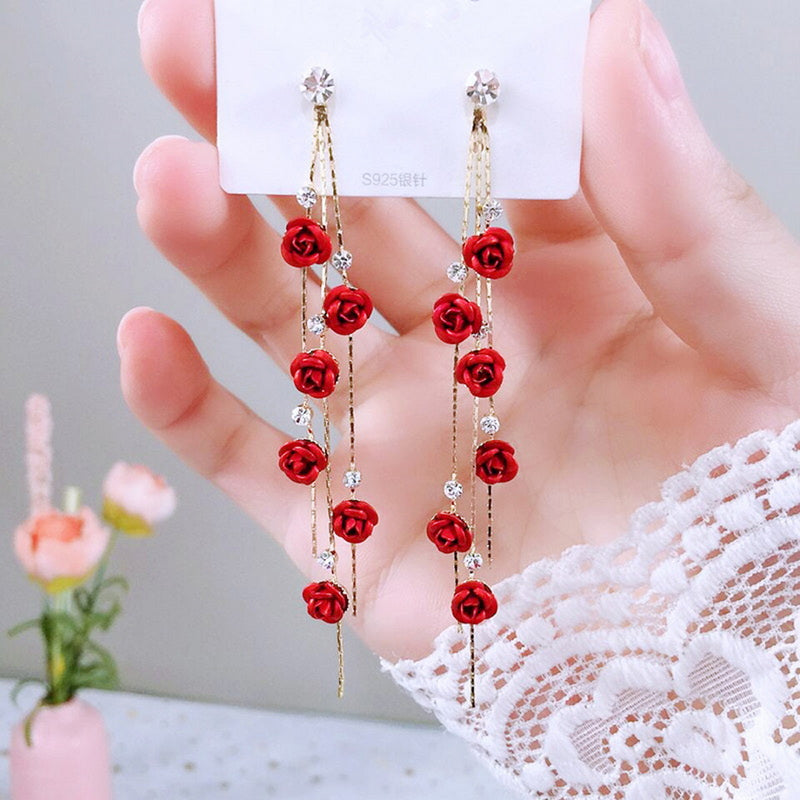 Red Rose Drop Earrings New Fashion Jewelry Women Vintage Rhinestone Dangle Flowers Earring Engageme 2