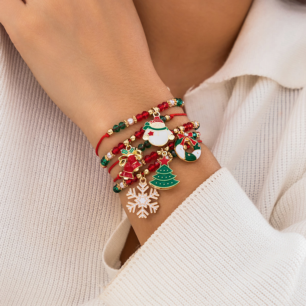 Snowflake Tree Pendant Crystal Cute Christmas Series Women Beads Adjustable Thread Rope Bracelet 2