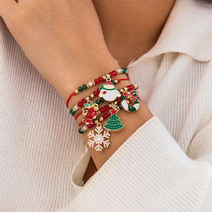 Snowflake Tree Pendant Crystal Cute Christmas Series Women Beads Adjustable Thread Rope Bracelet 2