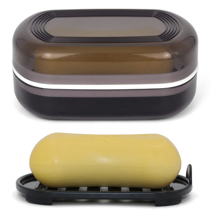 Bathroom Soap Holder, Portable Container Box, Travel Soap Dish, Bamboo Storage, Black Covered, Double Layered