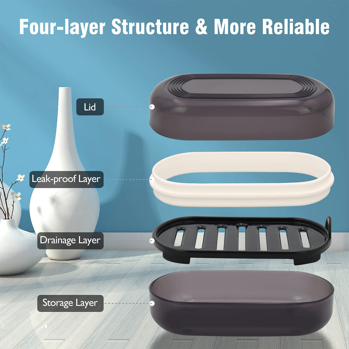 Bathroom Soap Holder Portable Container Box Travel Soap Dish Bamboo Storage Black Covered Double La 2