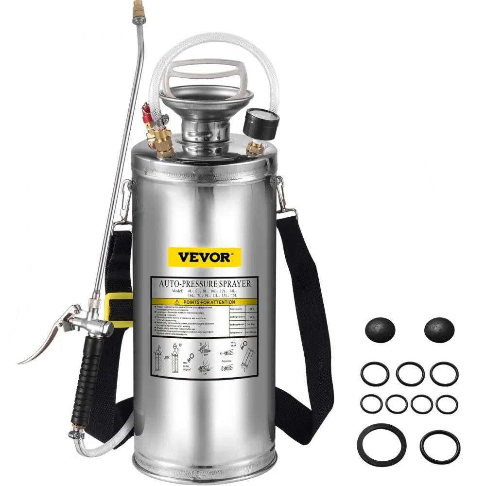 Hand Pump Sprayer Stainless Steel, Adjustable Nozzle Sprayer with Safety Valve Pressure Gauge, Set with Wand Handle