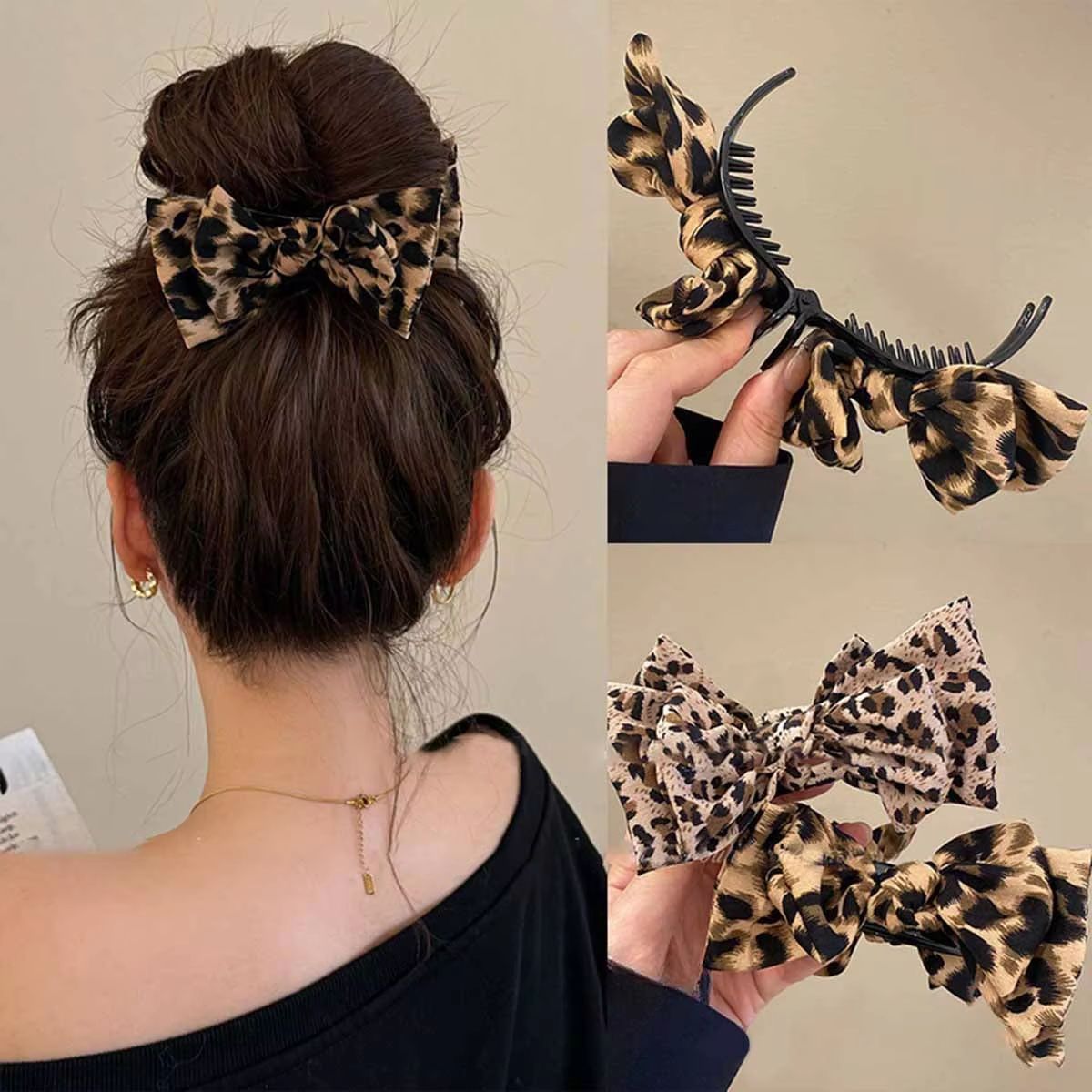 Leopard Chic Bow Hair Grab Clip – Vintage Print Bow Clip for Women