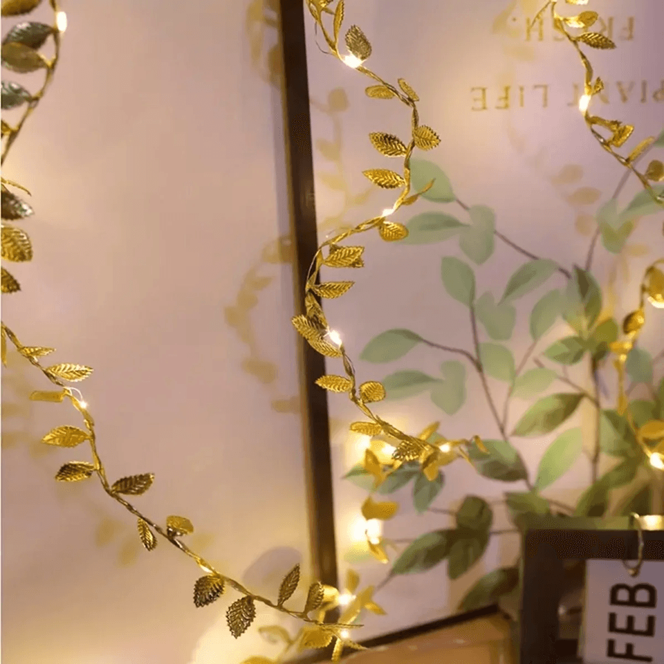 LumiLeaf Golden Tiny Leaves Fairy String Lights  Battery Powered Copper Wire Decor 1