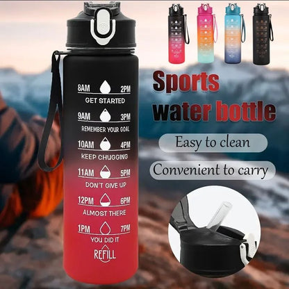 Motivational Sports Water Bottle with Time Markers and Leak Proof Straw