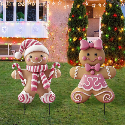 Outdoor Christmas Yard Stakes, 3D Metal Decorations, Boy and Girl Figure, Holiday Lawn Pathway, Winter Xmas Ornaments