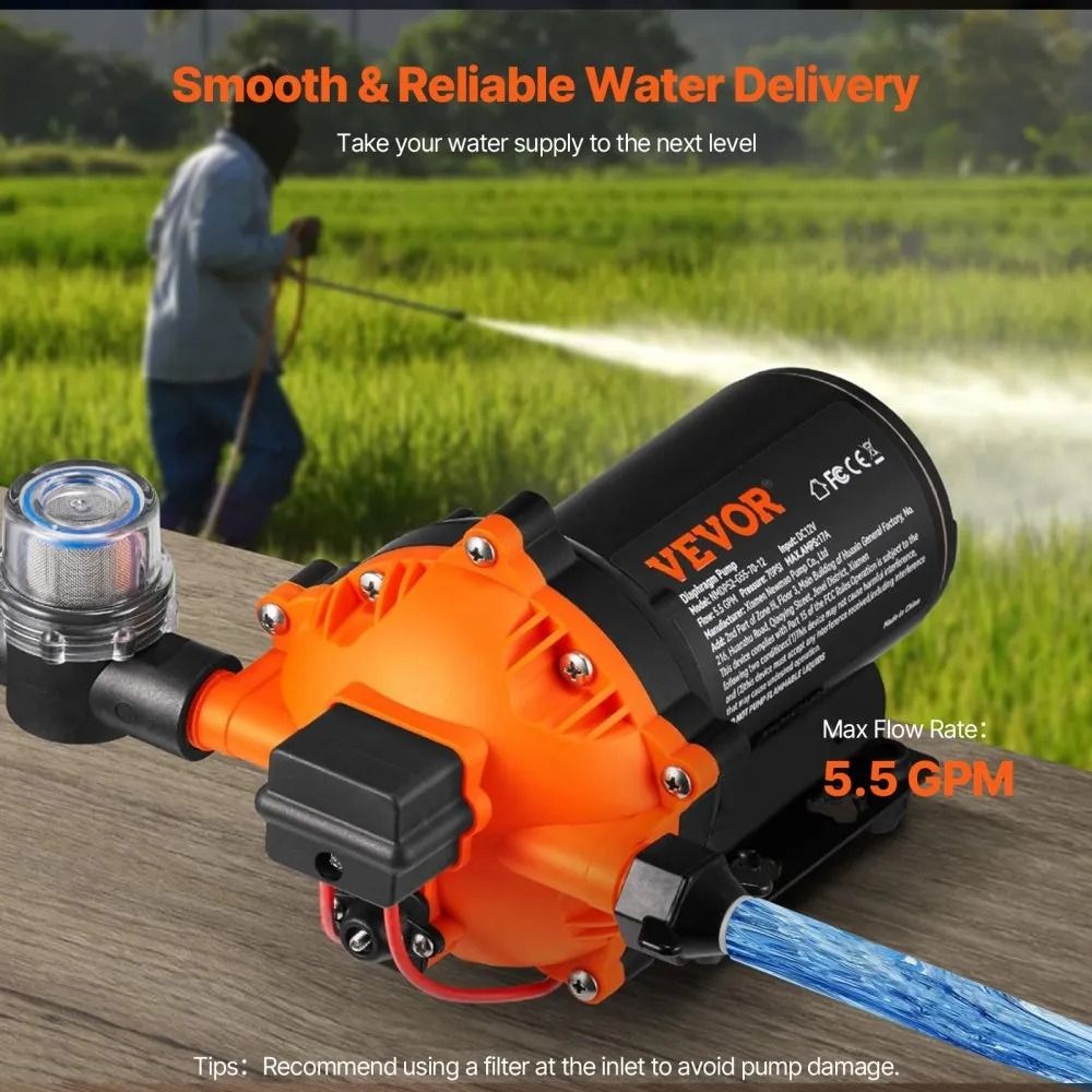 Water Diaphragm Pump DC GPM Flow MNPT Self Priming Sprayer Pump PSI Rated Pressure Adjustable Press 1