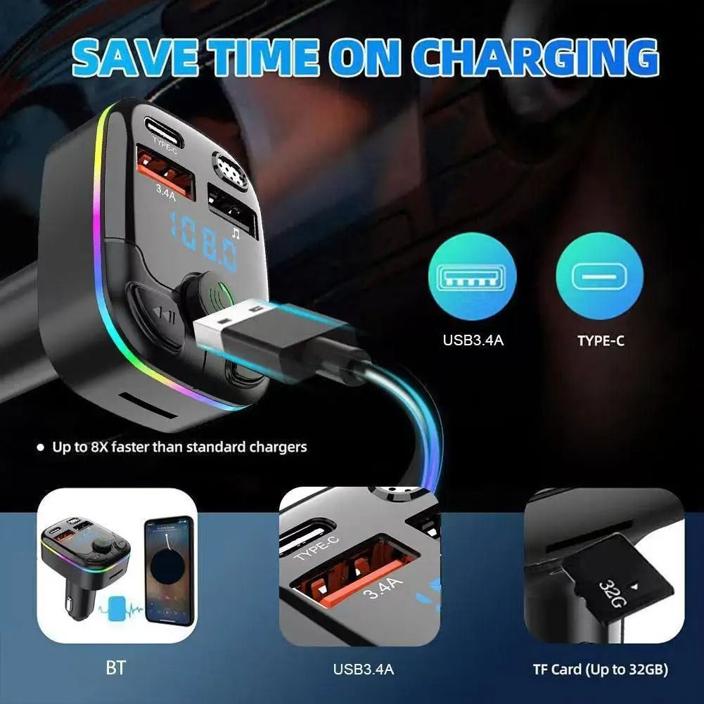 Car Bluetooth Five Point Zero FM Transmitter With Dual USB Type C And Ambient Light 2