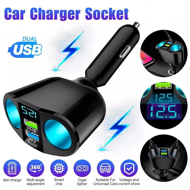 Dual-Port Car Charger Adapter with Digital Display for Multiple Devices