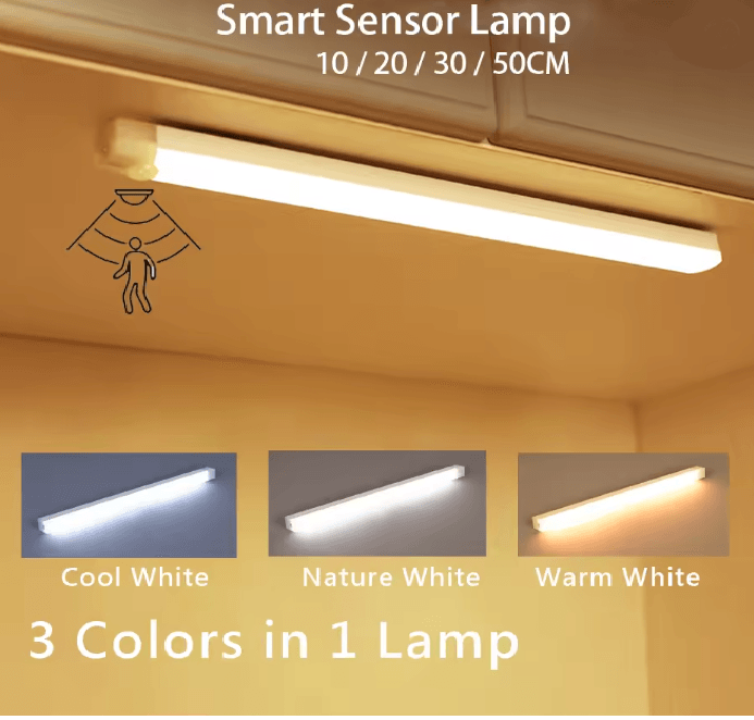 Motion Sensor Wireless LED Night Light USB Rechargeable Long Strip Bar Lamp for Kitchen Cabinet Wardrobe Bedside Stairca