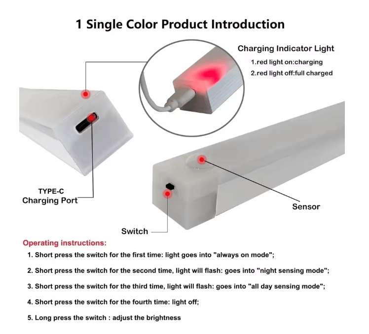 Motion Sensor Wireless LED Night Light USB Rechargeable Long Strip Bar Lamp For Kitchen Cabinet War 2