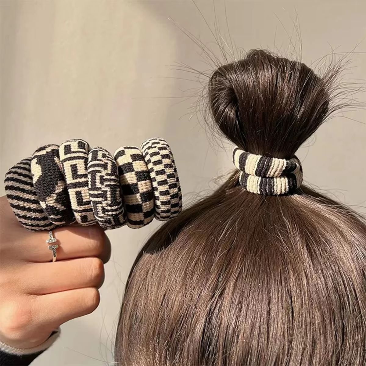 Checkered Comfort Stretch Hair Rings  Versatile Black  White Pack 2