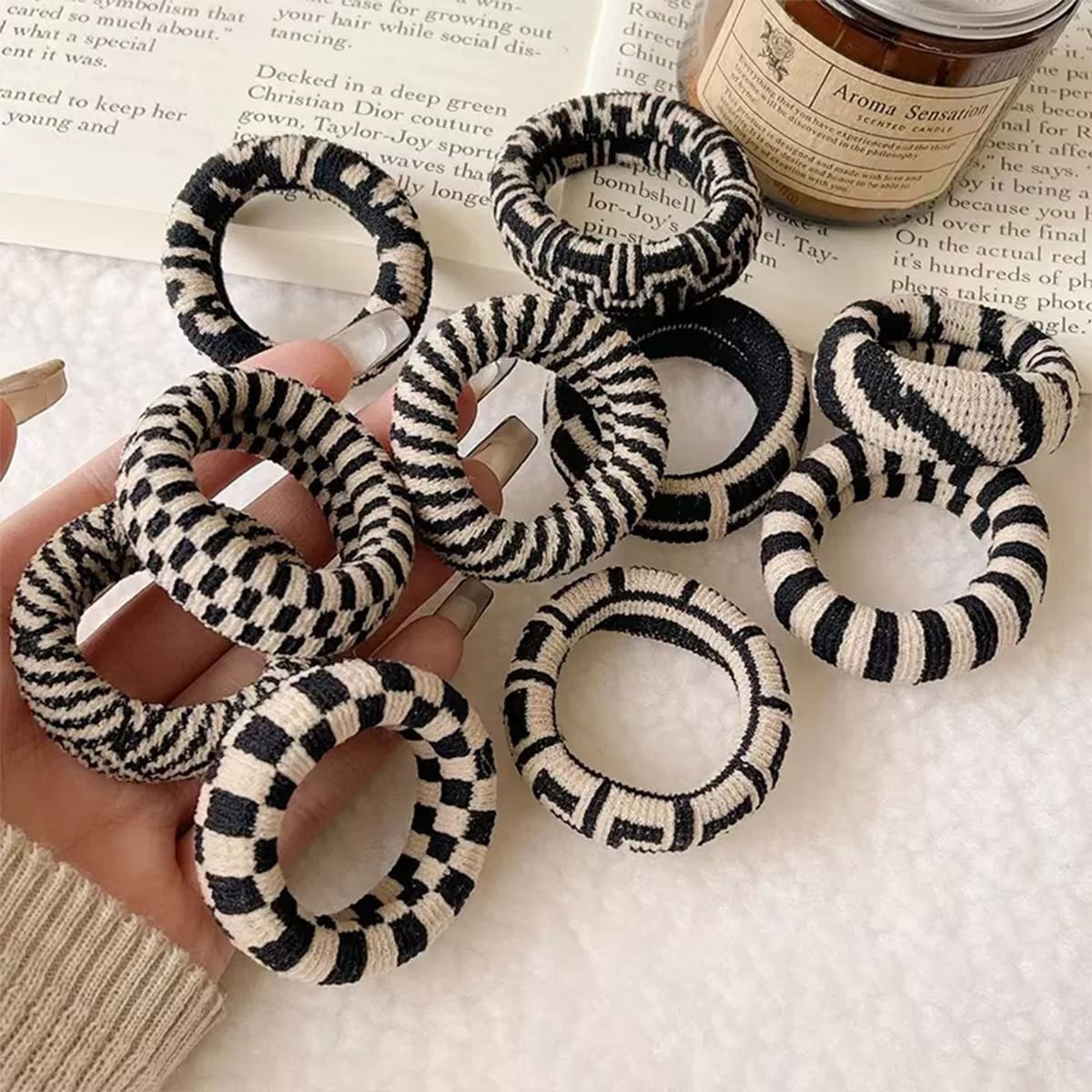 Checkered Comfort Stretch Hair Rings  Versatile Black  White Pack 4