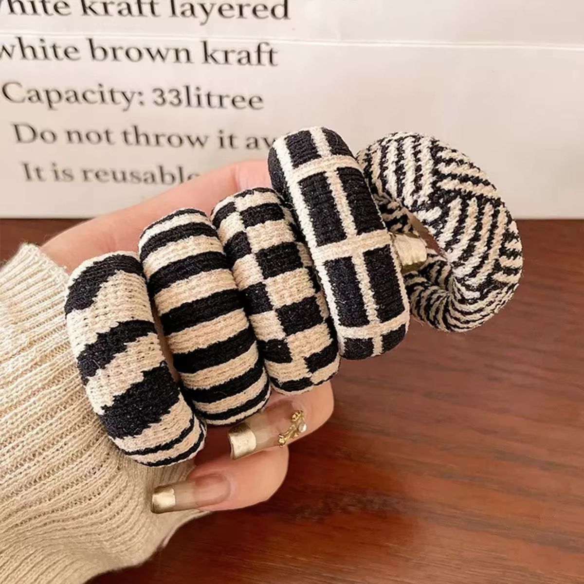 Checkered Comfort Stretch Hair Rings  Versatile Black  White Pack 6